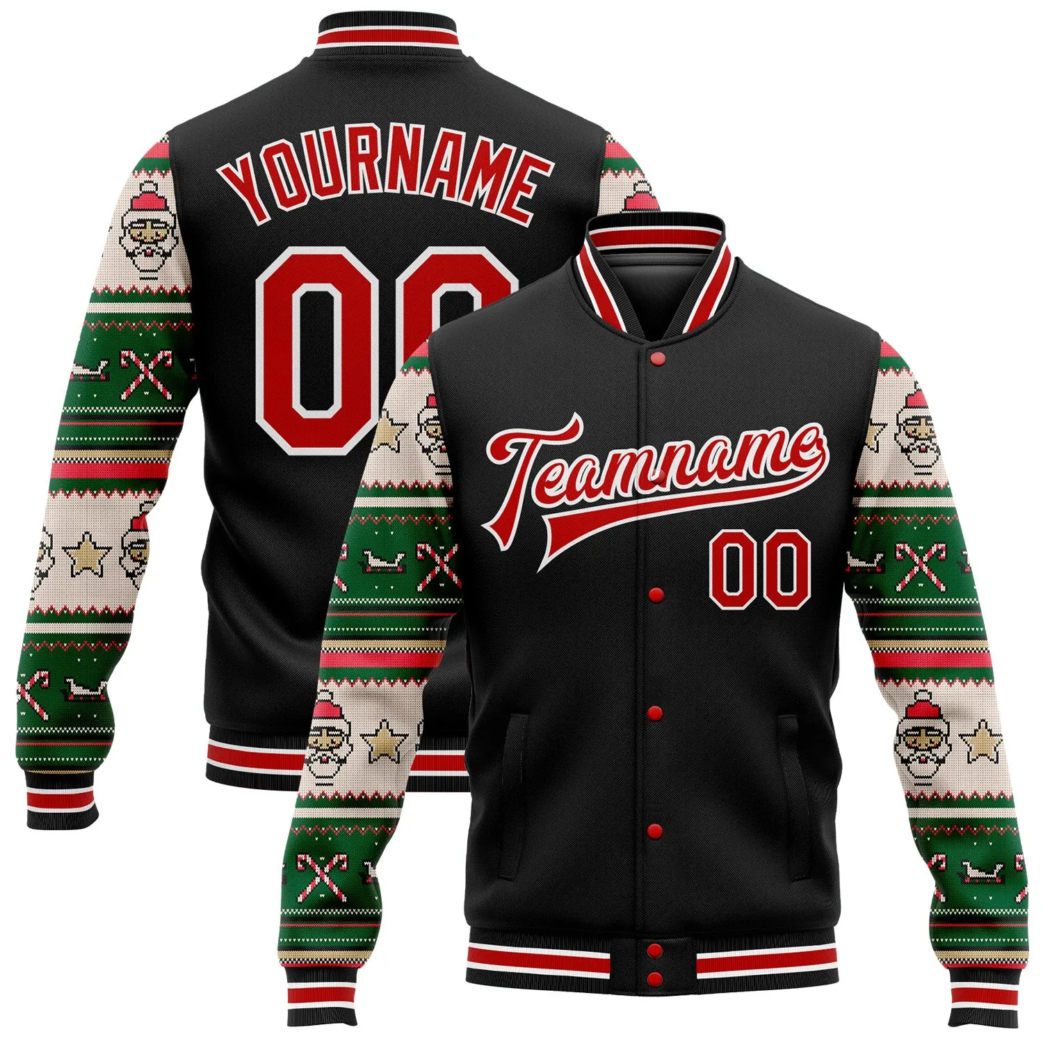 Custom Black Red-White Christmas 3D Bomber Full-Snap Varsity Letterman Jacket