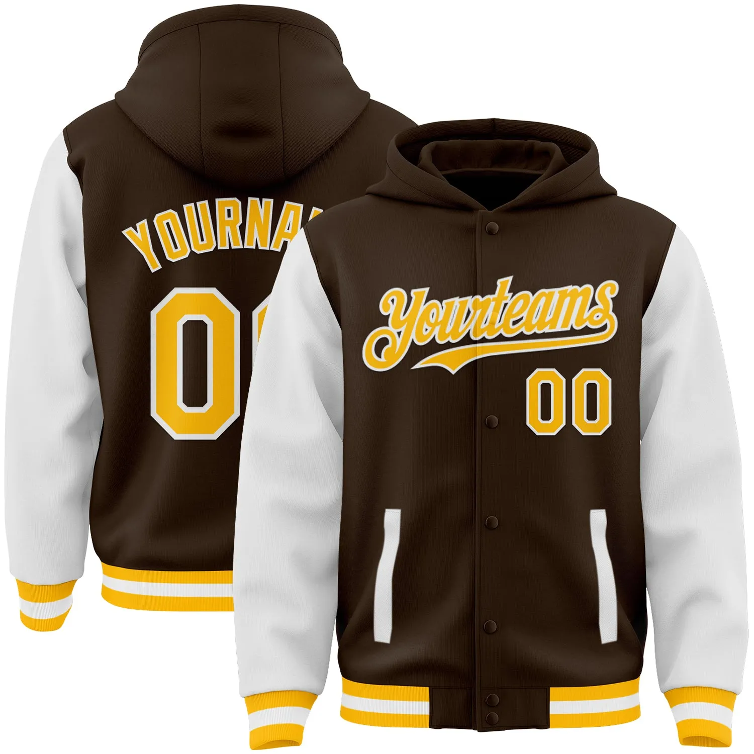 Custom Brown Gold-White Bomber Full-Snap Varsity Letterman Two Tone Hoodie Jacket