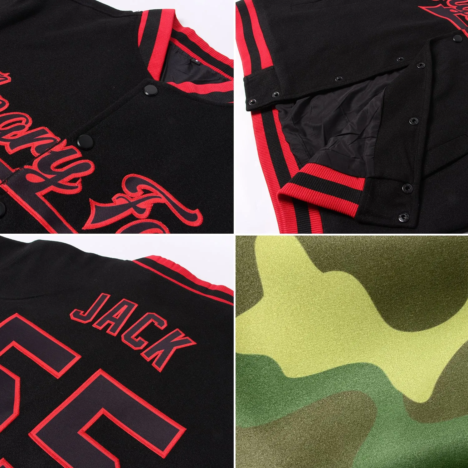 Custom Camo Red-Black Bomber Full-Snap Varsity Letterman Salute To Service Jacket