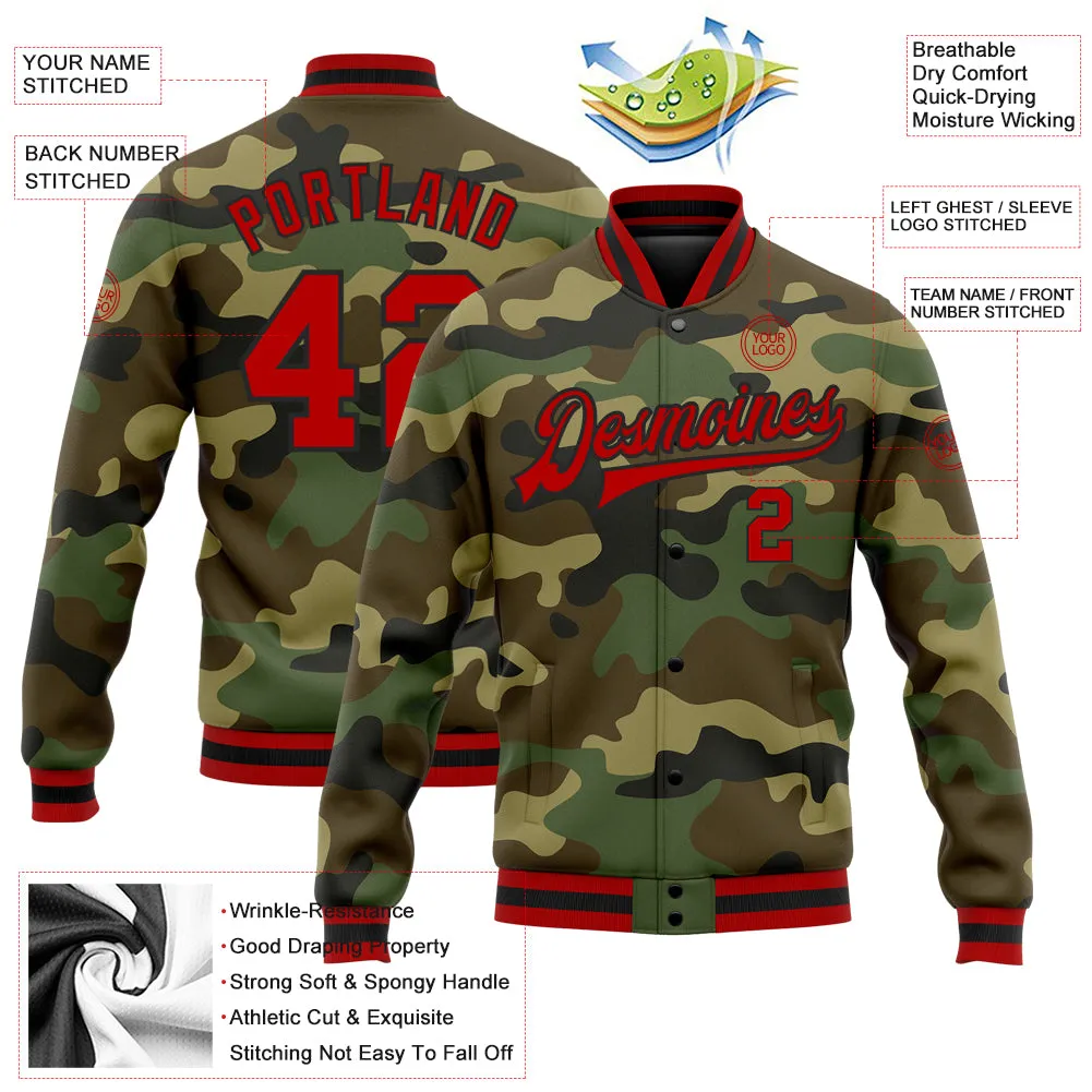 Custom Camo Red-Black Bomber Full-Snap Varsity Letterman Salute To Service Jacket