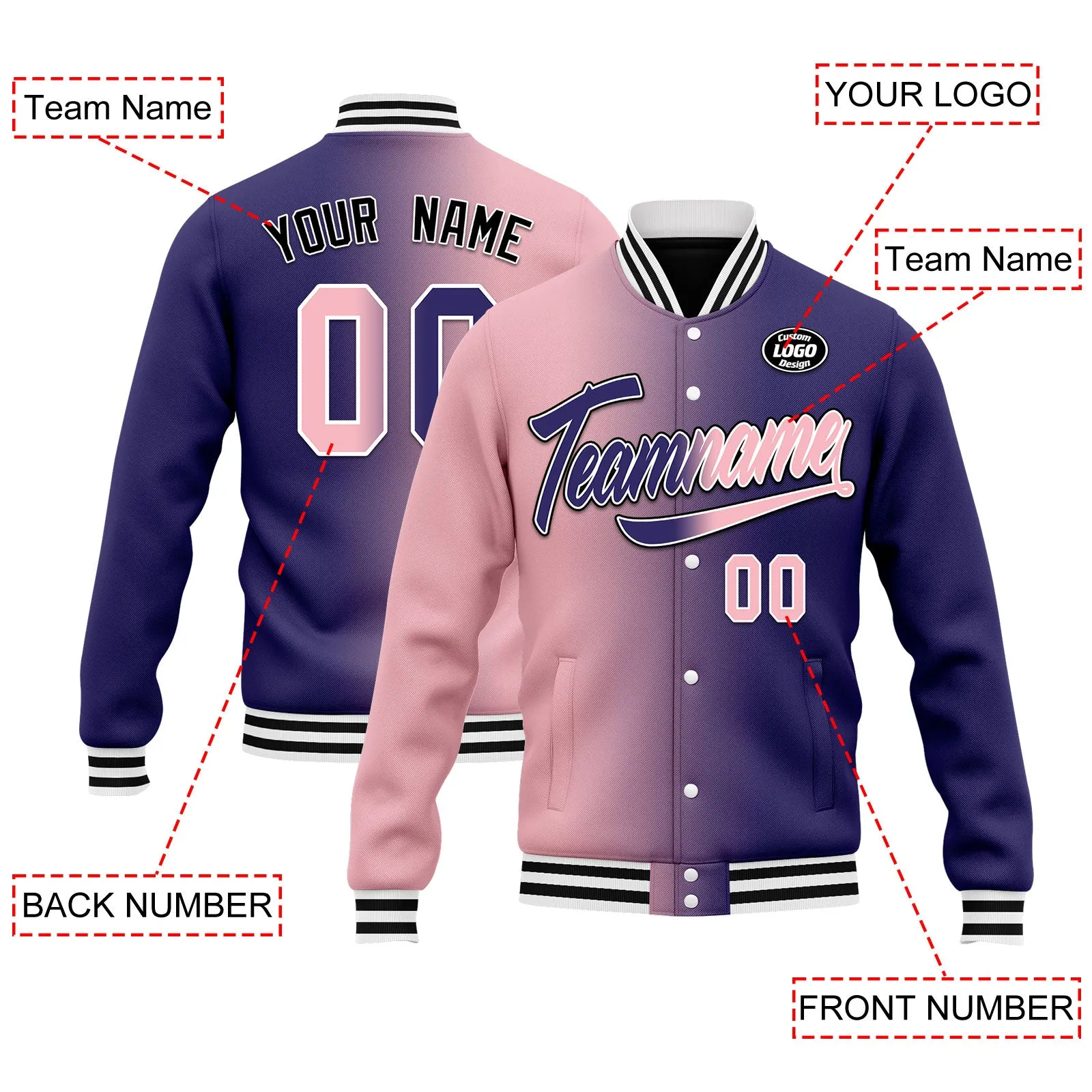 Custom Gradient Fashion Jacket Bomber Full-Snap Varsity Letterman Personalized Jacket FZ005-D028015-19