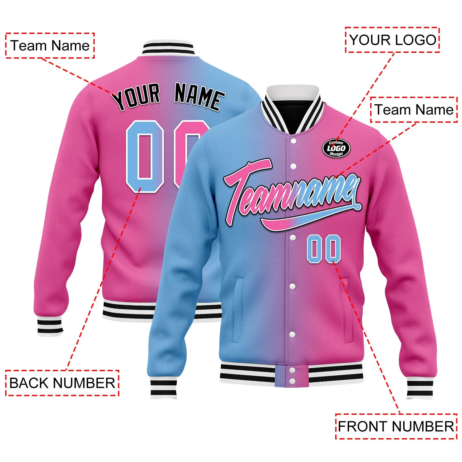 Custom Gradient Fashion Jacket Bomber Full-Snap Varsity Letterman Personalized Jacket FZ005-D028016-30