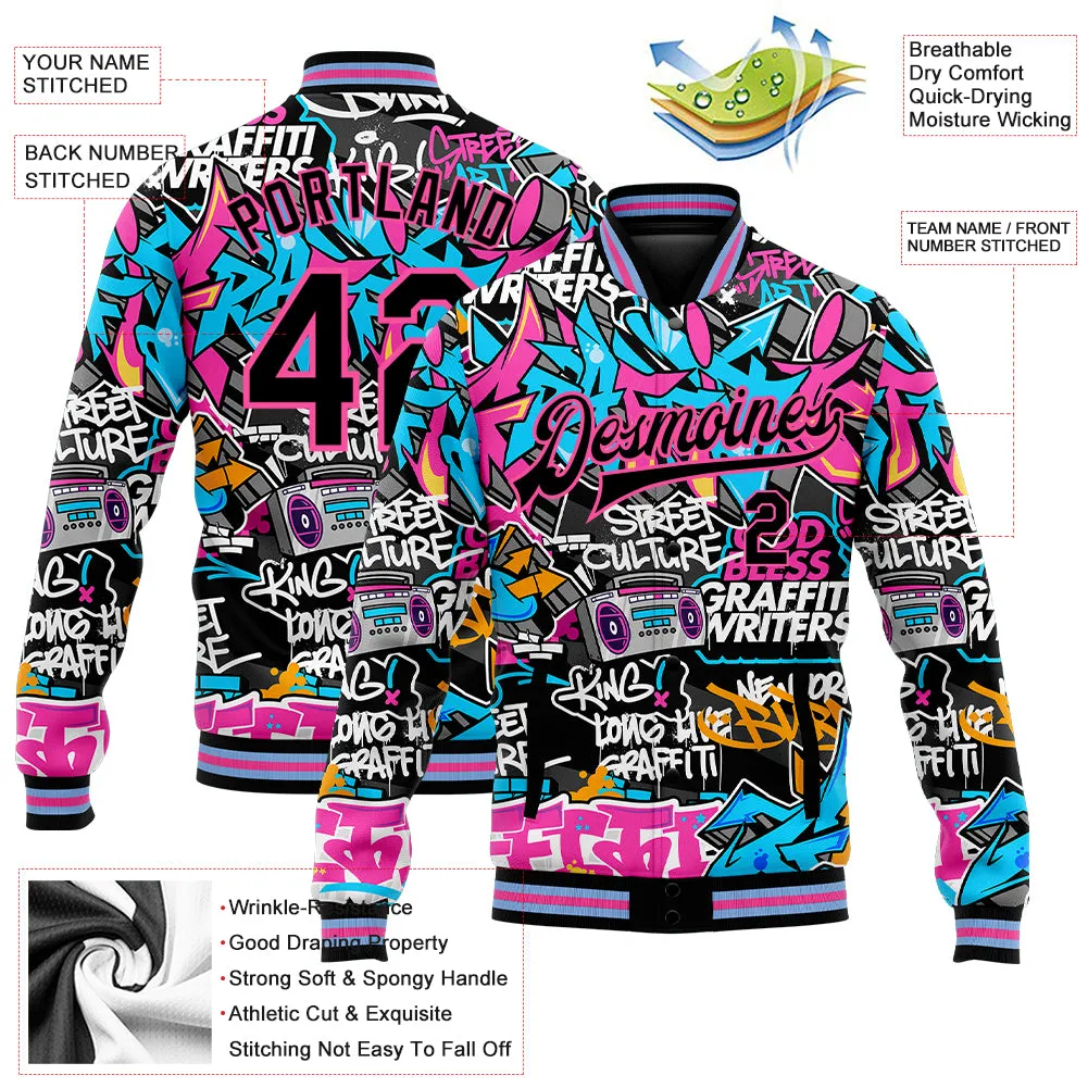 Custom Graffiti Pattern Black Pink Grunge Urban Street Art 3D Bomber Full-Snap Varsity Letterman Jacket