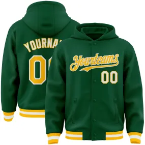 Custom Kelly Green Gold-White Bomber Full-Snap Varsity Letterman Hoodie Jacket