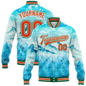 Custom Lakes Blue Orange-Kelly Green Watercolor Winter Snowy Landscape 3D Pattern Design Bomber Full-Snap Varsity Letterman Jacket