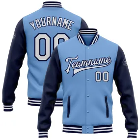 Custom Light Blue White-Navy Bomber Full-Snap Varsity Letterman Two Tone Jacket