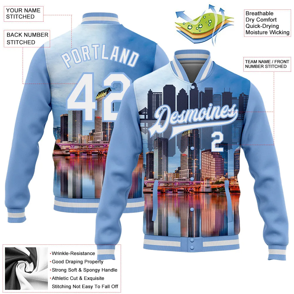 Custom Light Blue White Tampa Florida City Edition 3D Bomber Full-Snap Varsity Letterman Jacket