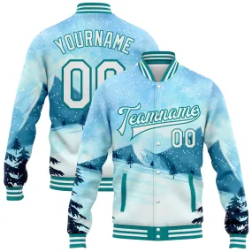 Custom Light Blue White-Teal Watercolor Winter Landscape With Snowy Trees 3D Pattern Design Bomber Full-Snap Varsity Letterman Jacket