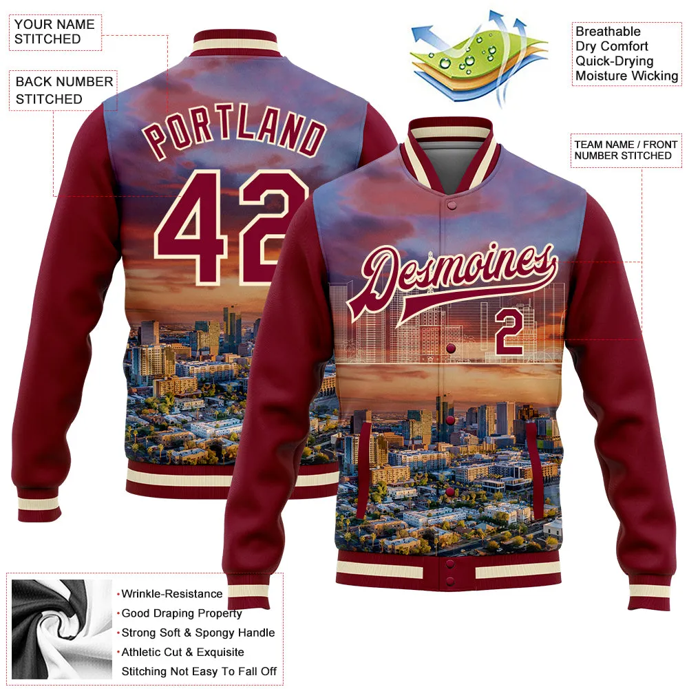 Custom Maroon Cream Phoenix Arizona City Edition 3D Bomber Full-Snap Varsity Letterman Jacket