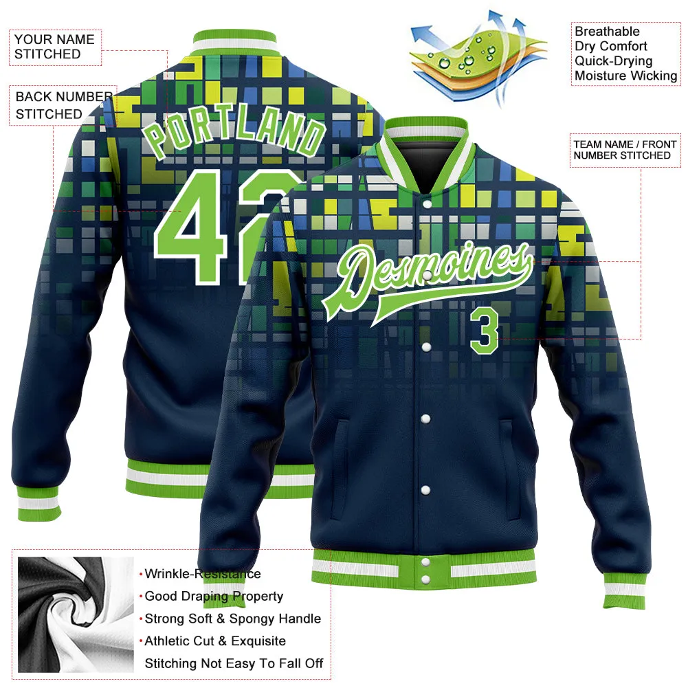 Custom Navy Neon Green-White 3D Pattern Design Bomber Full-Snap Varsity Letterman Jacket