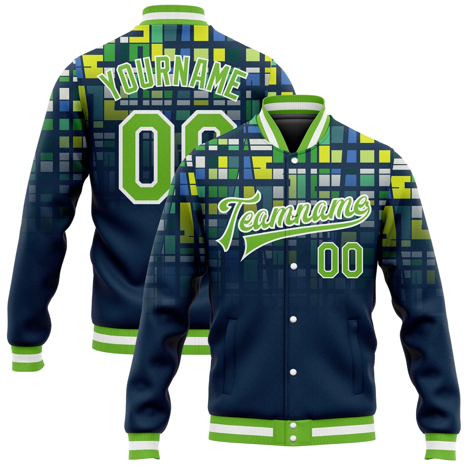 Custom Navy Neon Green-White 3D Pattern Design Bomber Full-Snap Varsity Letterman Jacket