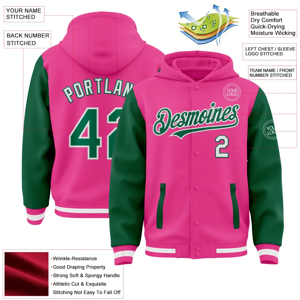 Custom Pink Kelly Green-White Bomber Full-Snap Varsity Letterman Two Tone Hoodie Jacket