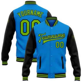 Custom Powder Blue Neon Green-Black Bomber Full-Snap Varsity Letterman Two Tone Jacket