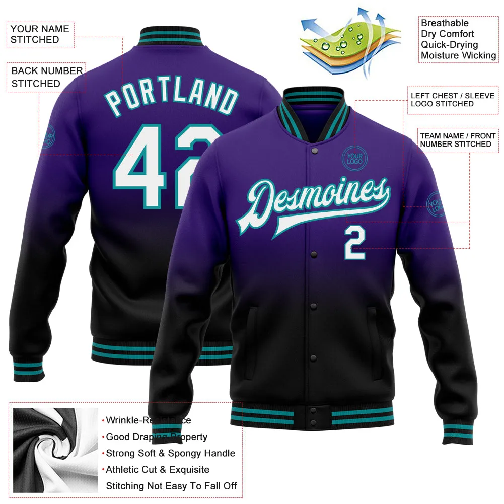 Custom Purple White Black-Teal Bomber Full-Snap Varsity Letterman Fade Fashion Jacket