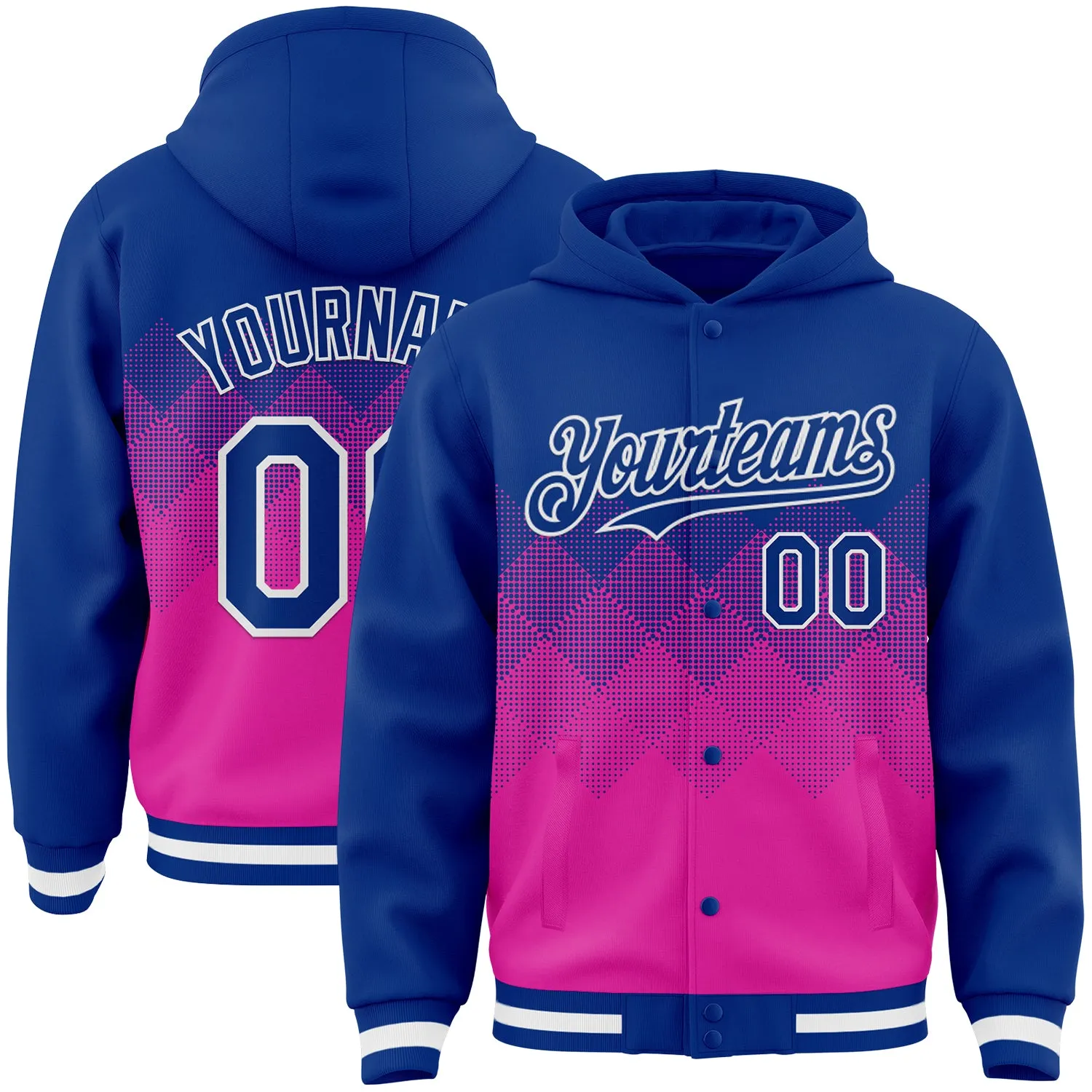 Custom Royal Deep Pink-White Gradient Square Shape 3D Pattern Design Bomber Full-Snap Varsity Letterman Hoodie Jacket