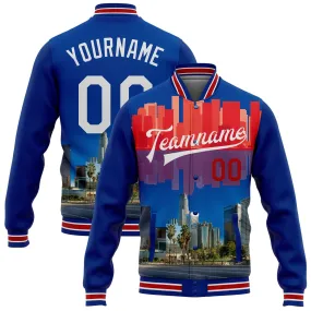 Custom Royal White-Red Los Angeles California City Edition 3D Bomber Full-Snap Varsity Letterman Jacket