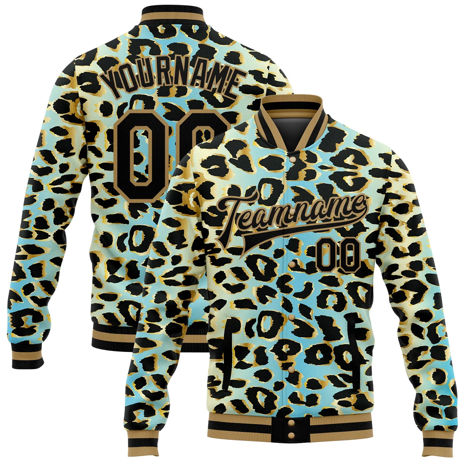 Custom Sky Blue Black-Old Gold Leopard Print 3D Pattern Design Bomber Full-Snap Varsity Letterman Jacket