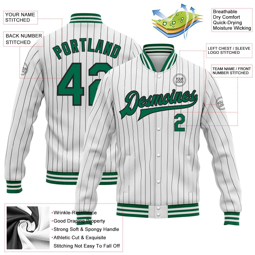 Custom White Black Pinstripe Kelly Green Bomber Full-Snap Varsity Letterman Jacket