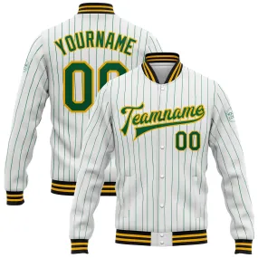 Custom White Kelly Green Pinstripe Gold-Black Bomber Full-Snap Varsity Letterman Jacket