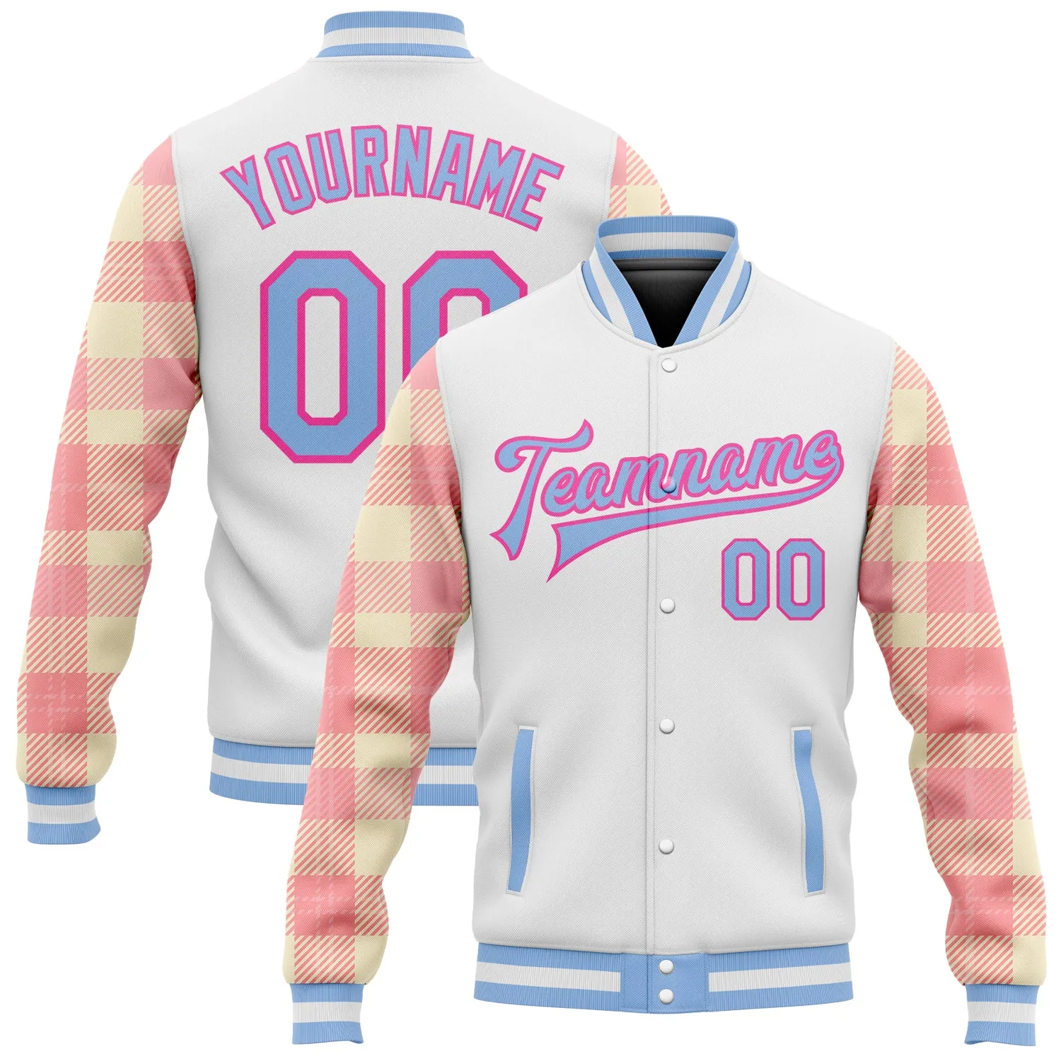 Custom White Light Blue Pink-Medium Pink Classic Western Plaid 3D Pattern Design Bomber Full-Snap Varsity Letterman Jacket