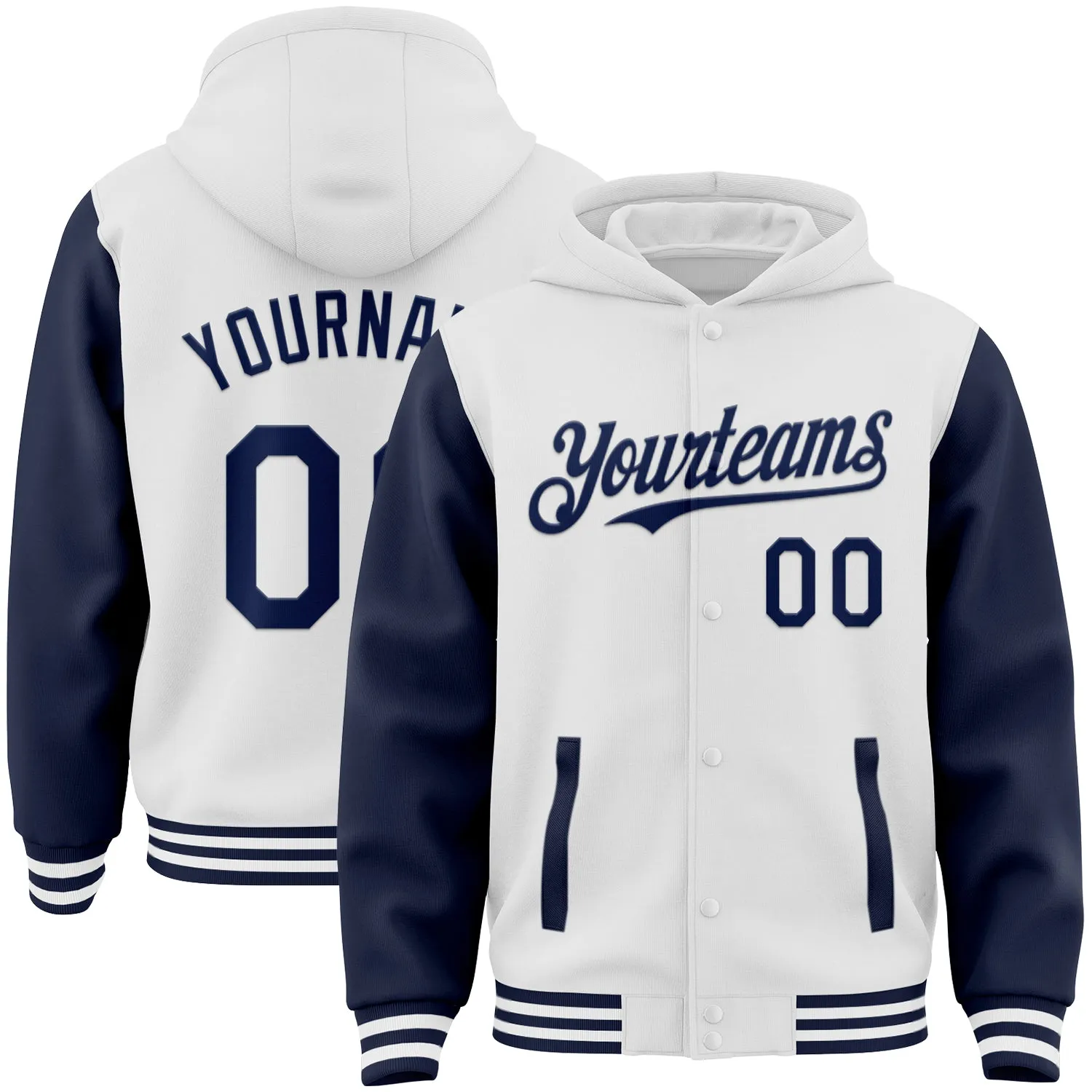 Custom White Navy Bomber Full-Snap Varsity Letterman Two Tone Hoodie Jacket