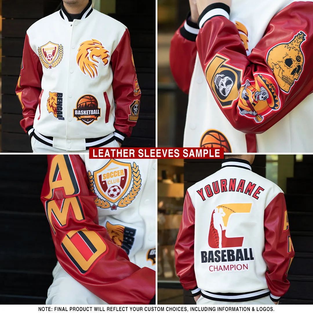 Custom White Orange-Gold Check Board 3D Pattern Design Bomber Full-Snap Varsity Letterman Jacket