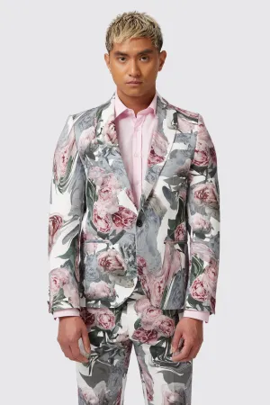 Dali Skinny Fit White Cotton Floral Jacket