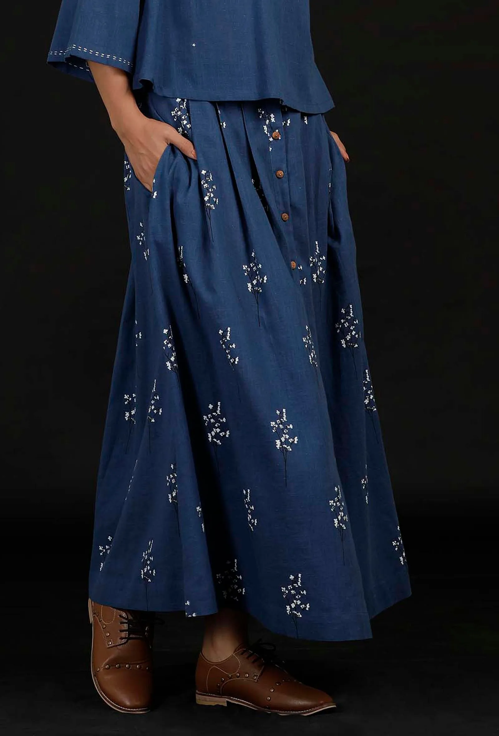 Denim Blue Block Print Cotton Skirt