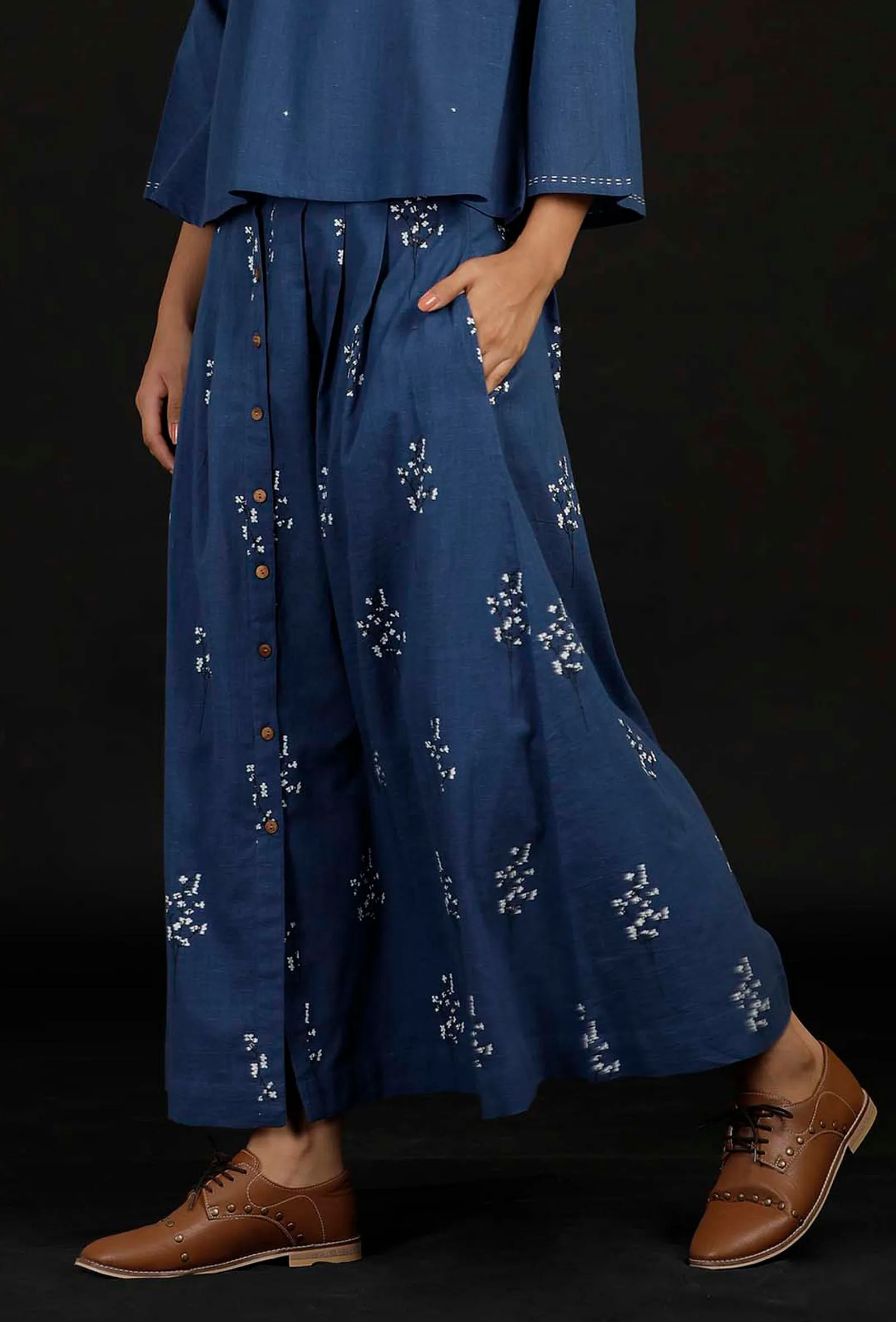 Denim Blue Block Print Cotton Skirt