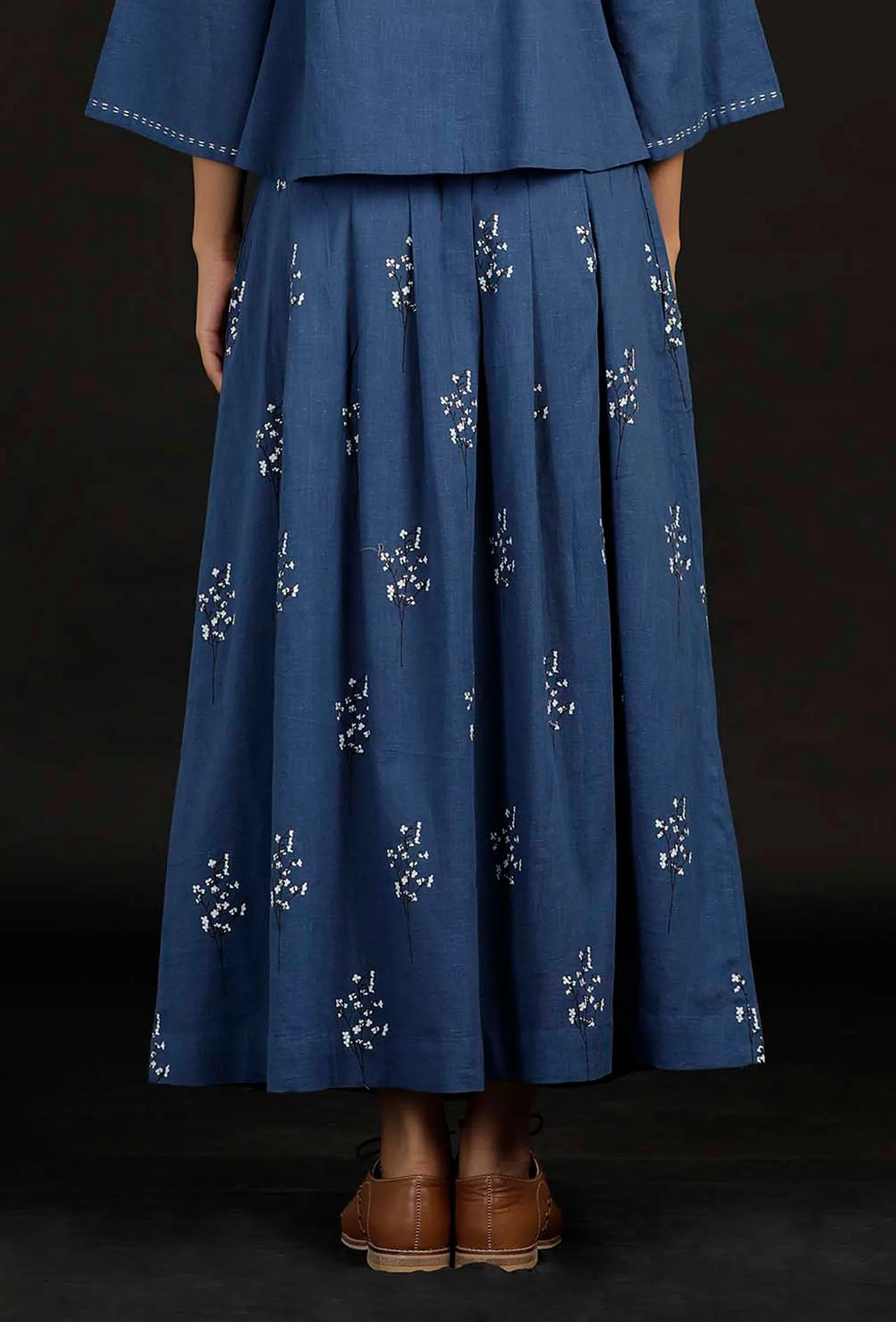 Denim Blue Block Print Cotton Skirt