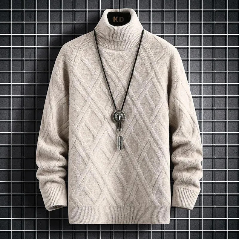 Diamond Turtleneck Sweater - Knit Pullovers Autumn Winter Slim Fit Solid Colour Diamond Stripes