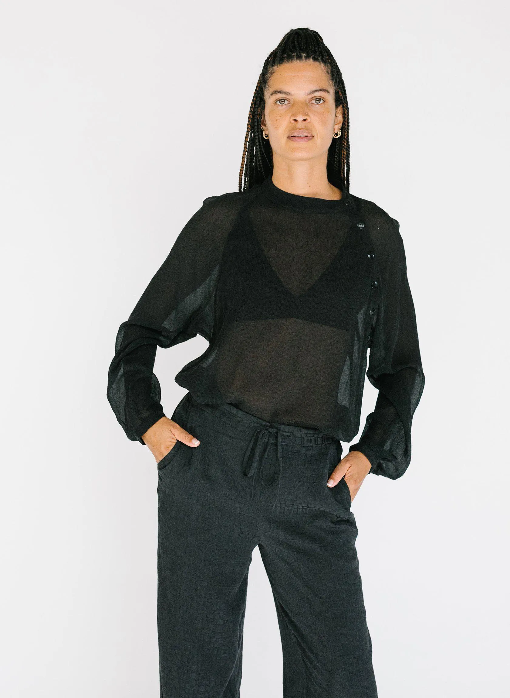 Drawstring Pants, black silk jacquard