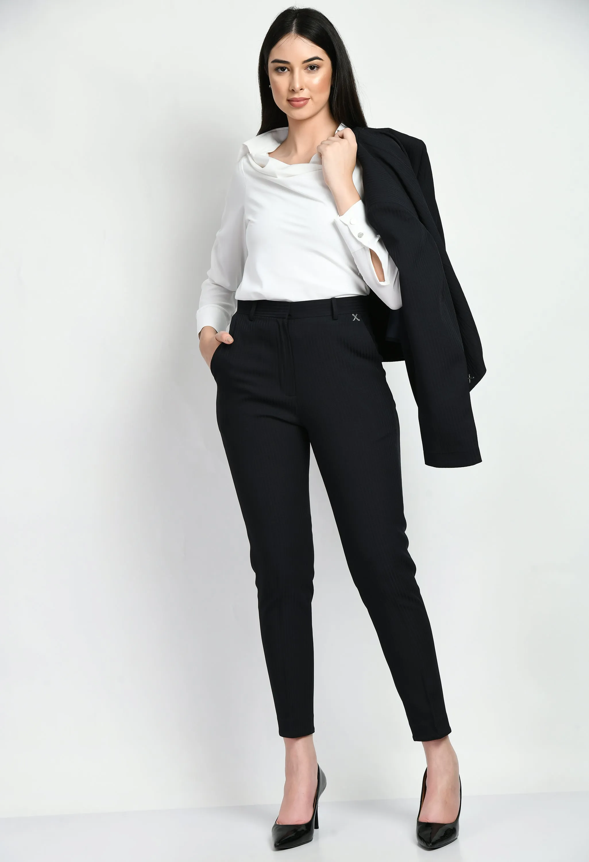 Exude Fearlessness Striped Short Blazer Pant Suit (Navy)