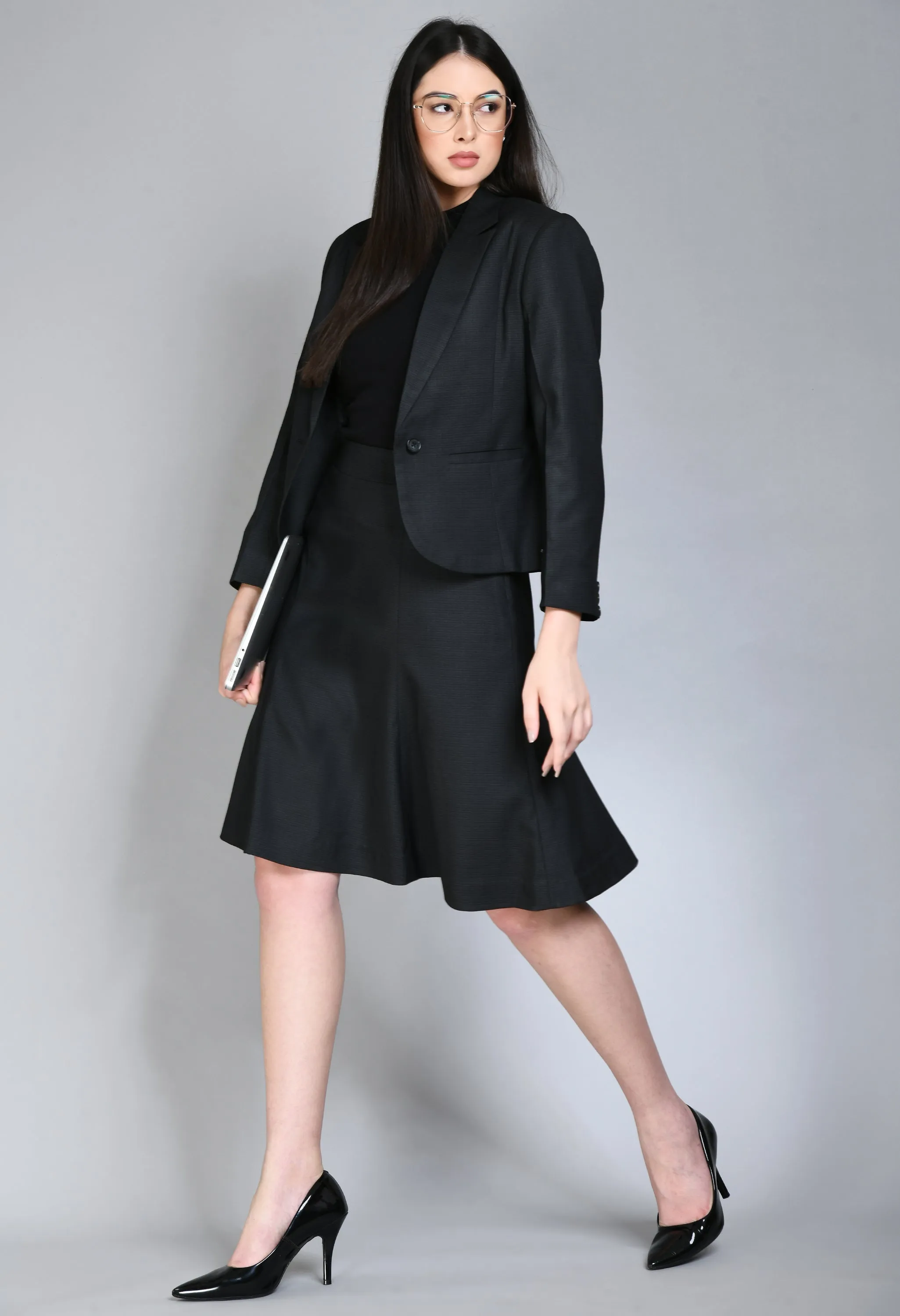 Exude Radiance Checked Short Blazer A-line Skirt Suit (Black)