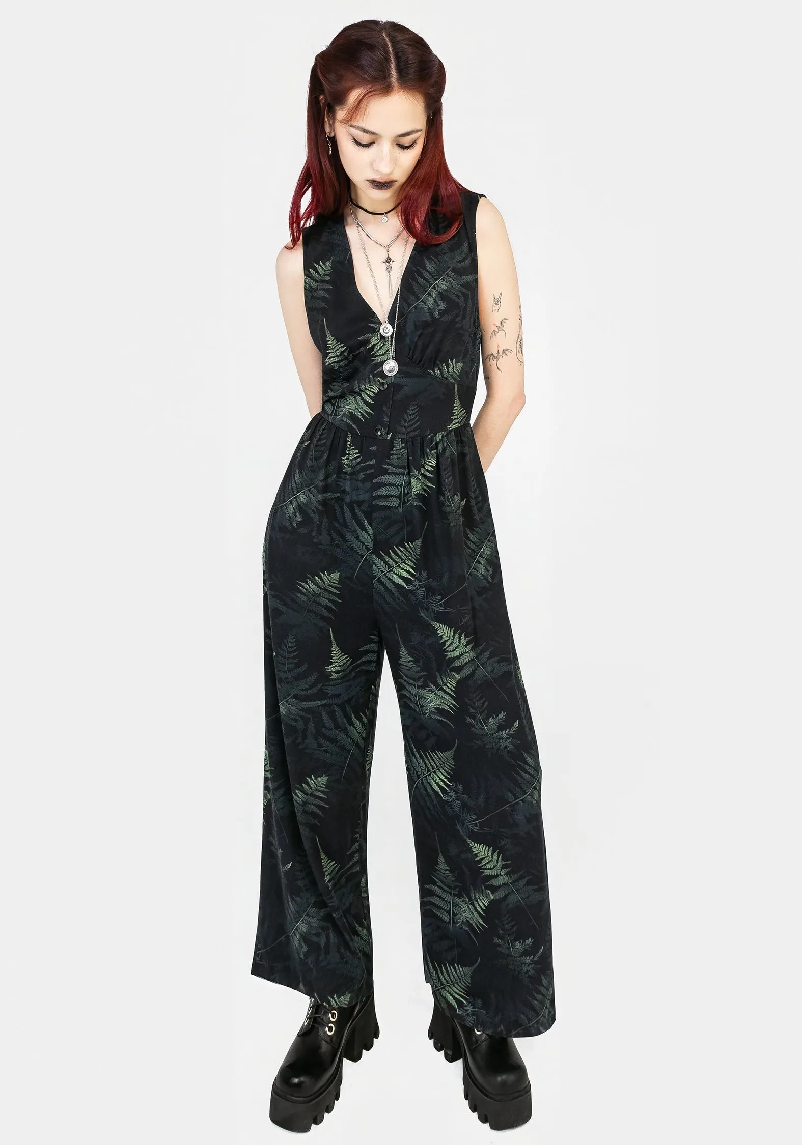 Fernery Sleeveless Button Up Jumpsuit