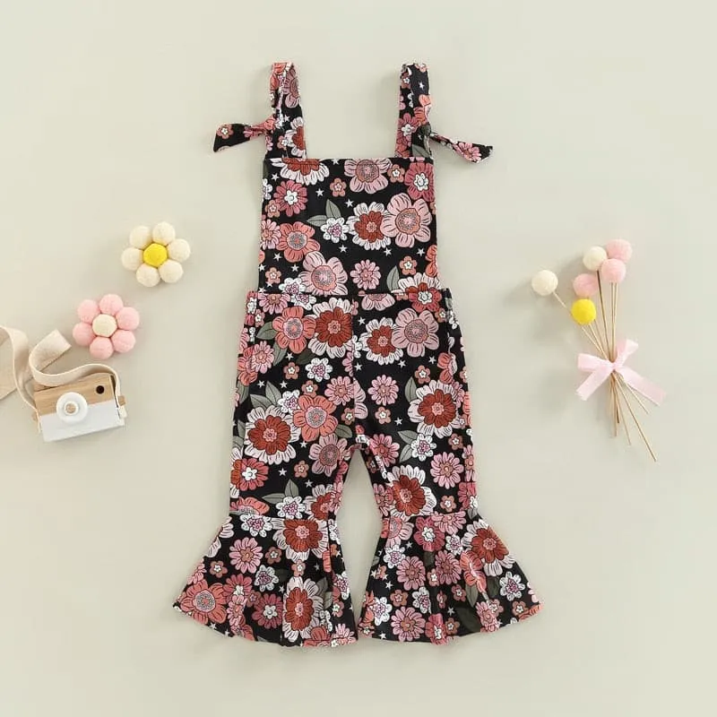 Flower Power - Baby Girl Jumpsuits Flare Bell Bottoms , Black Multi