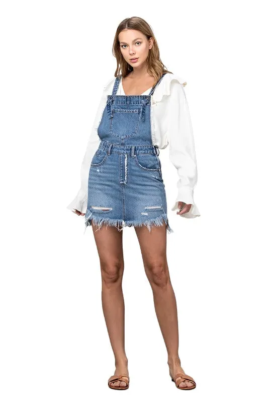 Frayed Denim Overalls Dress