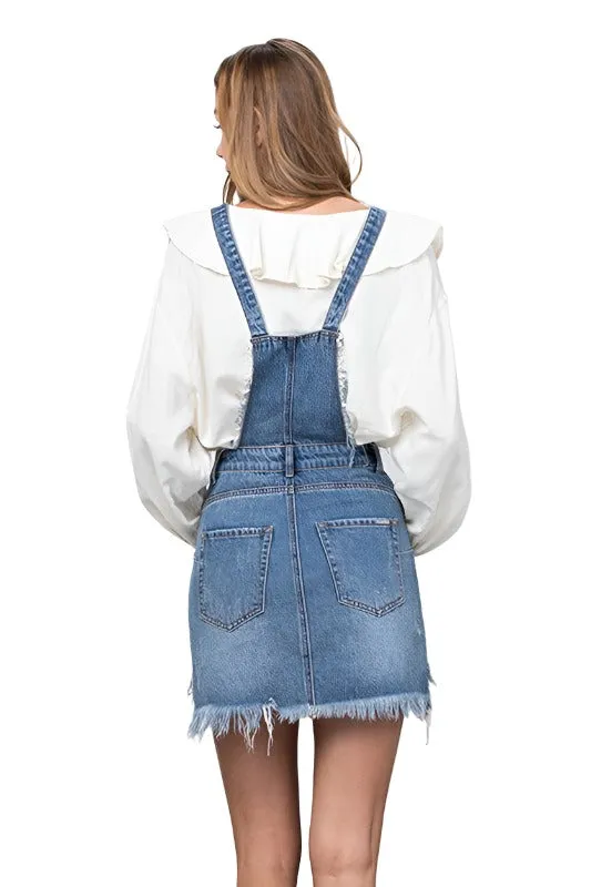 Frayed Denim Overalls Dress