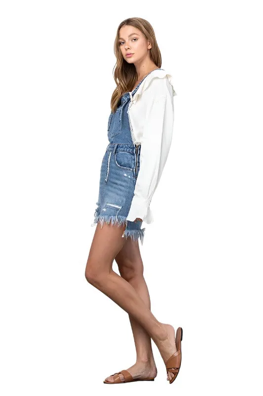 Frayed Denim Overalls Dress