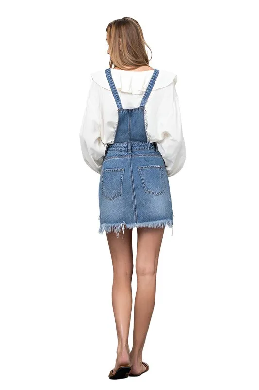 Frayed Denim Overalls Dress