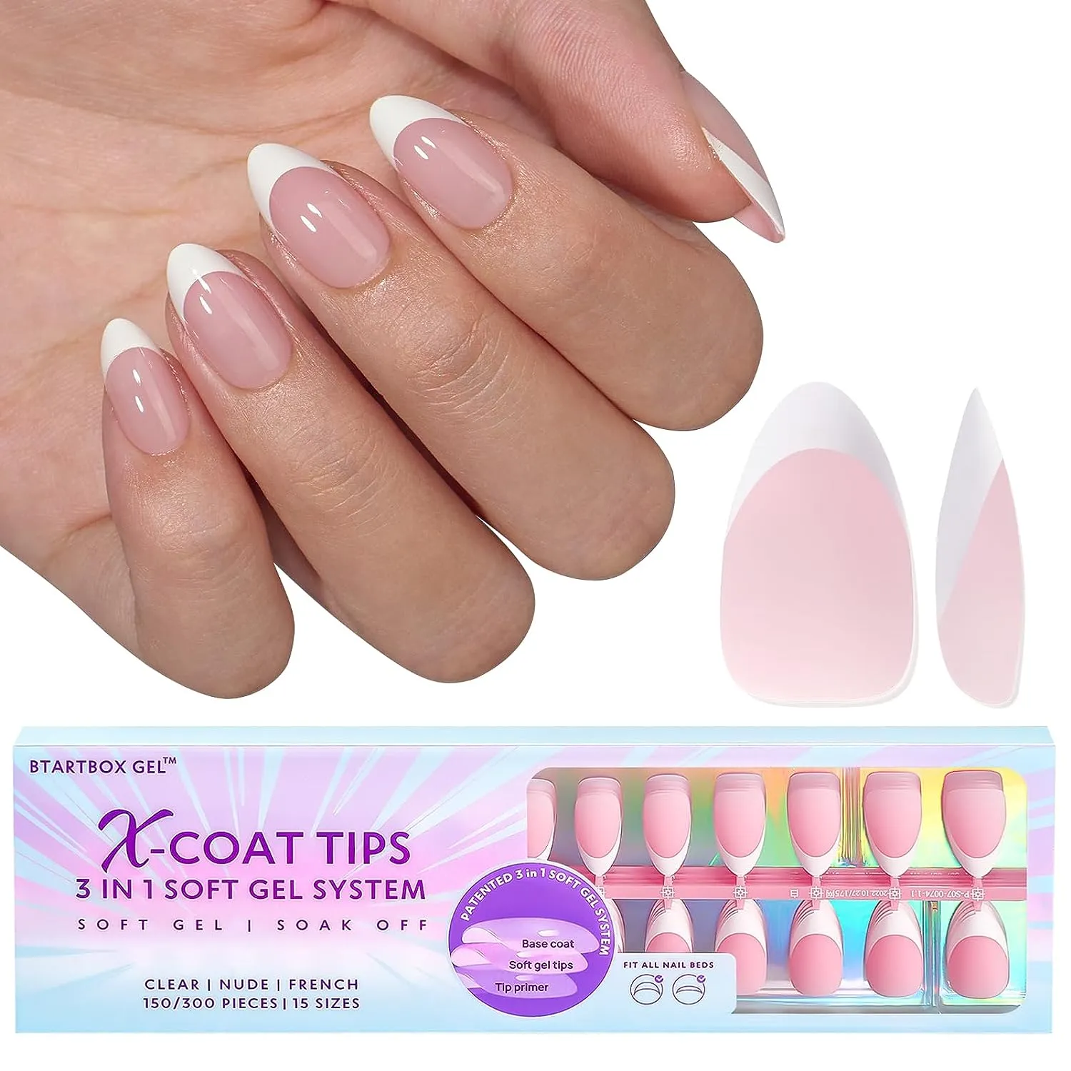 French Gel Nail Tips -150Pcs French Tip Press on Nails Pink Long Square 3 in 1 X-coat Tips