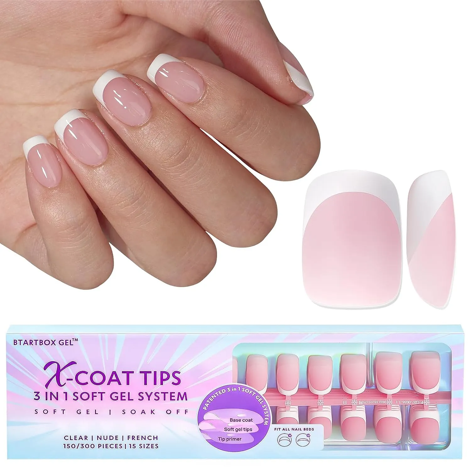 French Gel Nail Tips -150Pcs French Tip Press on Nails Pink Long Square 3 in 1 X-coat Tips