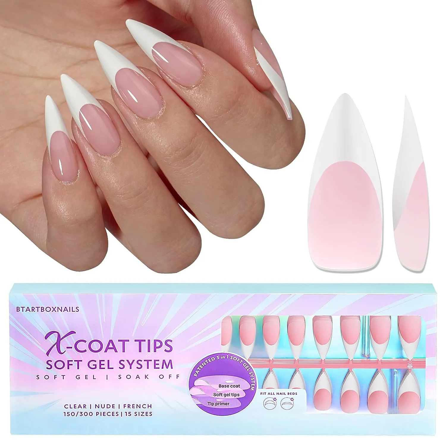 French Gel Nail Tips -150Pcs French Tip Press on Nails Pink Long Square 3 in 1 X-coat Tips