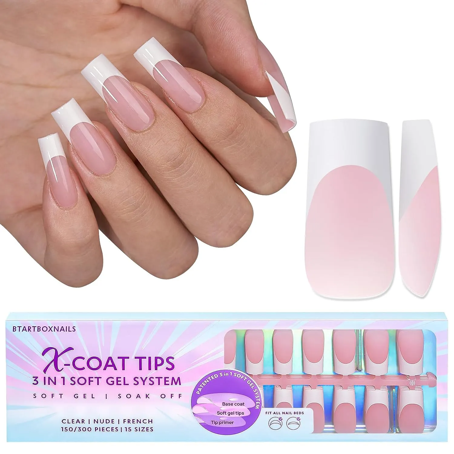 French Gel Nail Tips -150Pcs French Tip Press on Nails Pink Long Square 3 in 1 X-coat Tips