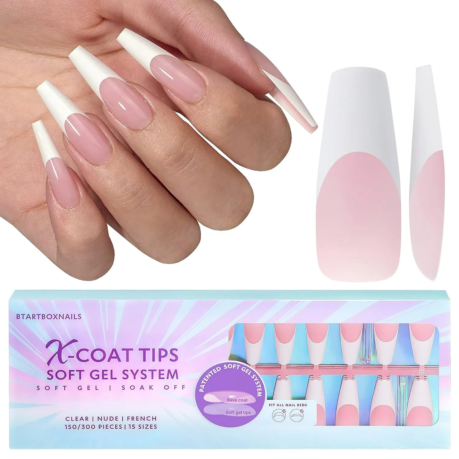 French Gel Nail Tips -150Pcs French Tip Press on Nails Pink Long Square 3 in 1 X-coat Tips