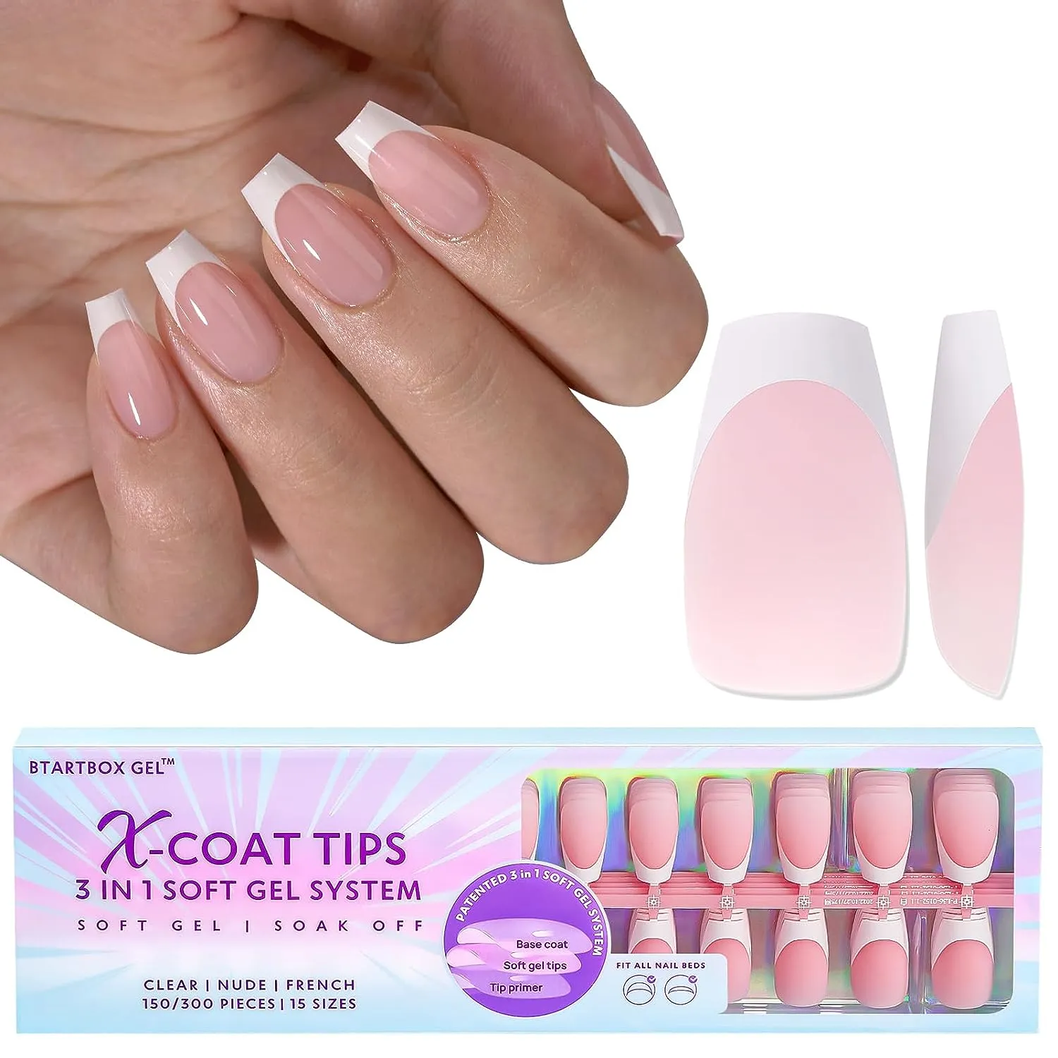 French Gel Nail Tips -150Pcs French Tip Press on Nails Pink Long Square 3 in 1 X-coat Tips