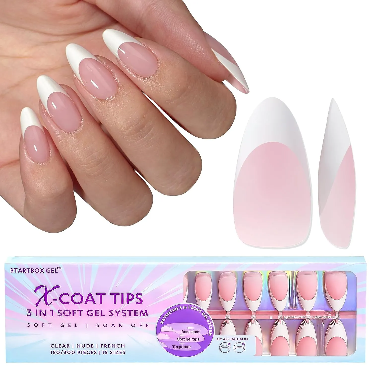 French Gel Nail Tips -150Pcs French Tip Press on Nails Pink Long Square 3 in 1 X-coat Tips