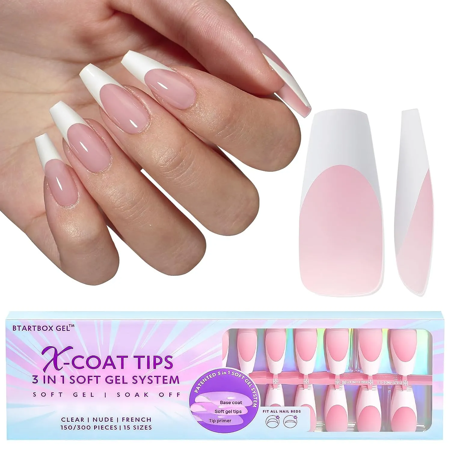 French Gel Nail Tips -150Pcs French Tip Press on Nails Pink Long Square 3 in 1 X-coat Tips