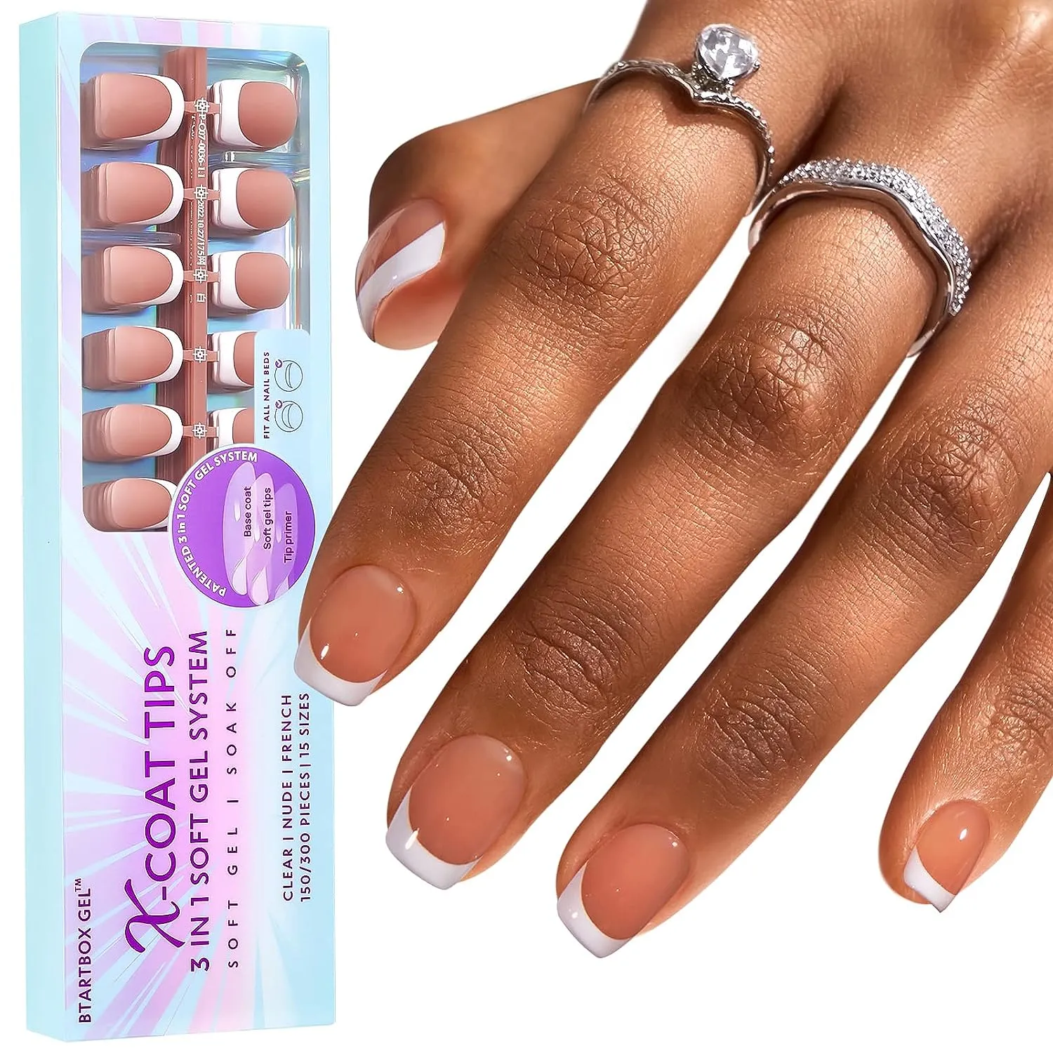 French Gel Nail Tips -150Pcs French Tip Press on Nails Pink Long Square 3 in 1 X-coat Tips