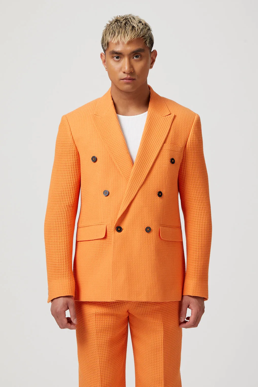 Gaufre Double Breasted Orange Waffle Knit Cotton Suit